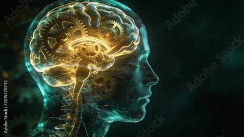 Translucent human head with glowing brain containing golden mechanical gears, lit by teal neon. Represents analytical thinking and mechanics of the human mind.