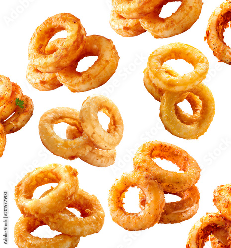 Fried onion rings in seamless food pattern style isolated on white background, expressing snack and fast food concept