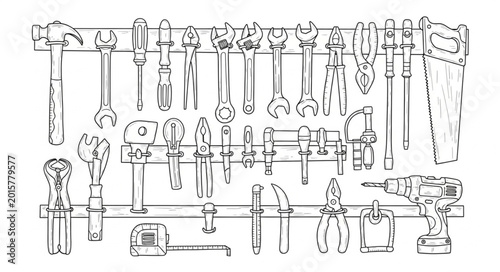 Photos Collection of various hand tools organized on a wall rack.