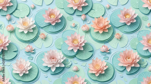 Quadro su tela 3D paper art of pink lotus flowers on green lily pads