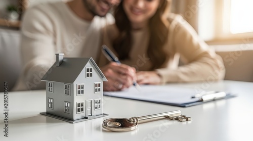 A couple signs documents with a house model and key on the table, symbolizing homeownership and new beginnings.