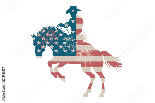 Silhouette of a cowboy riding a horse filled with american flag and fireworks vector illustration on a white background high-quality professional detailed.