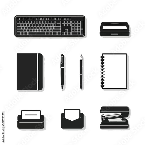 Office supplies on white background.