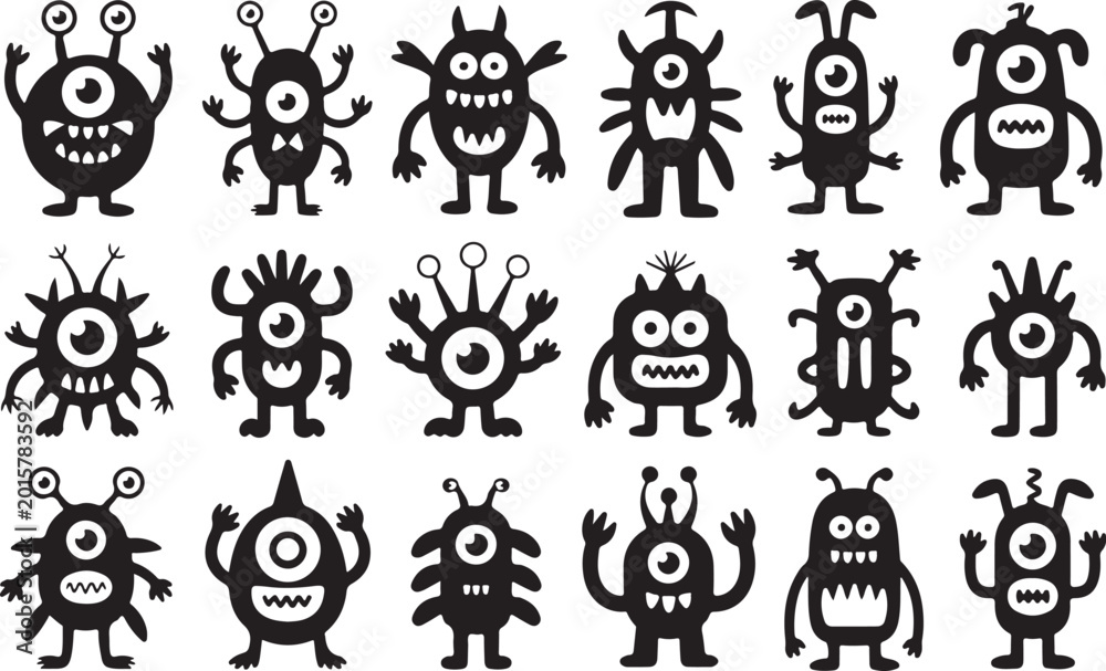 Naklejka premium Cute cartoon monsters with big eyes and antennae