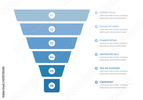Infographic template with six-step funnel diagram suitable for business presentation, marketing strategy analysis, conversion rate visualization, and data organization layouts