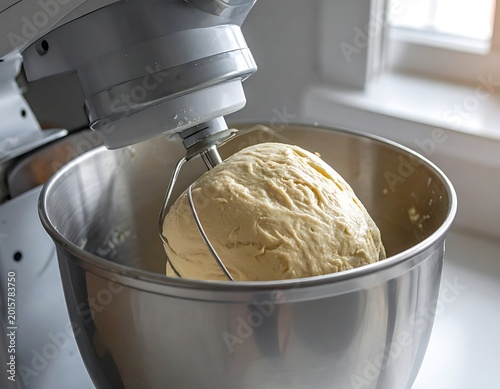 A mixer whips cream in a stainless bowl on a kitchen counter