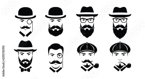 Flat vector collection of mustaches beards and bowler hats on white
