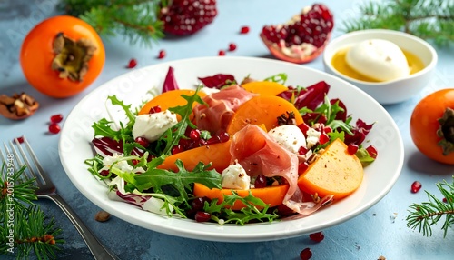 A vibrant mix of fresh greens, fruits, and cured meat on a plate