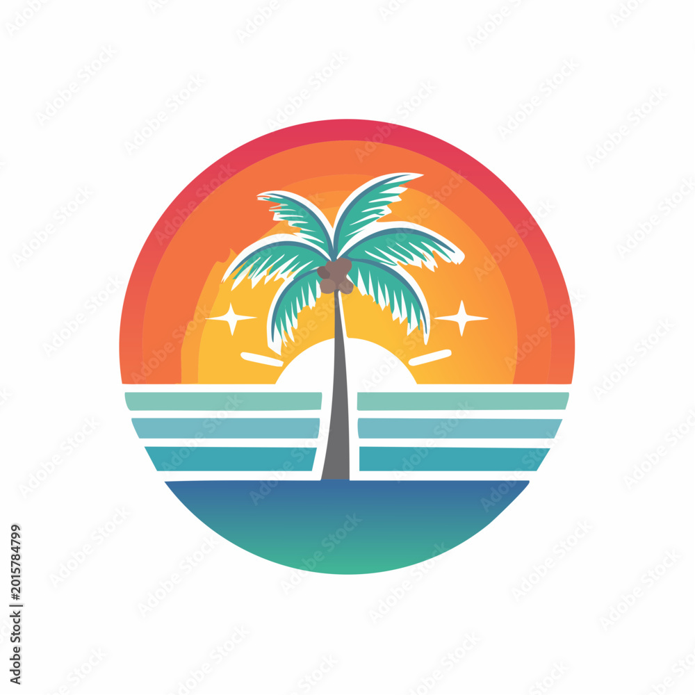 Obraz premium Retro Sunset Palm Tree Beach Vibes Circle Logo