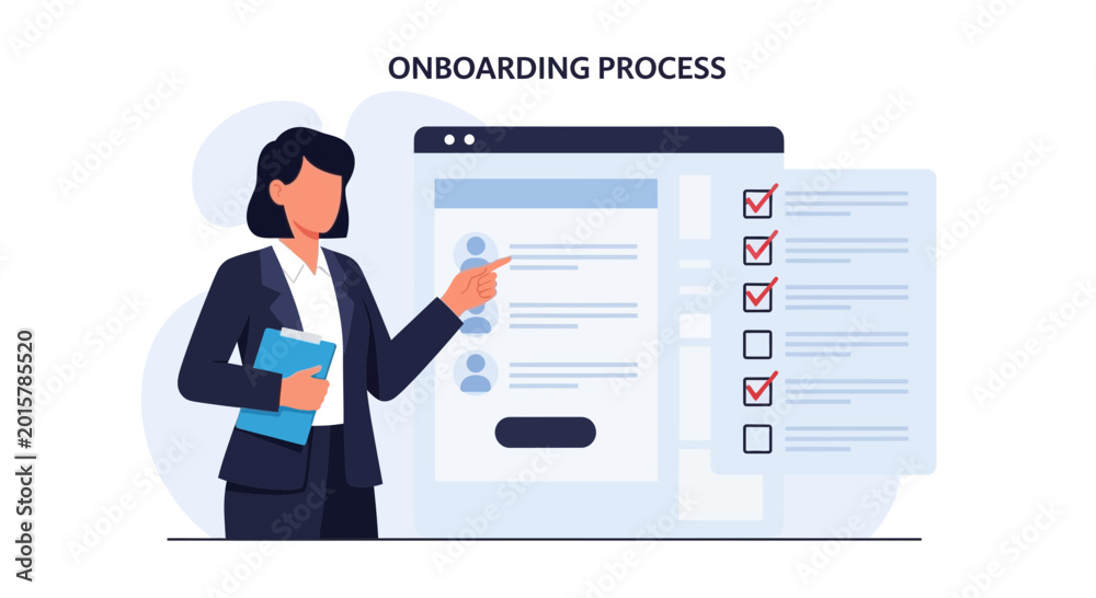 Fototapeta premium Onboarding process illustration: woman with clipboard pointing at digital checklist