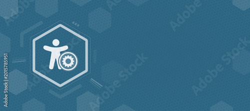 Digital accessibility settings icon within a geometric hexagon frame on a blue technological background representing web inclusivity and software interface optimization