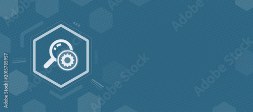 Abstract technological background featuring a hexagon emblem with a magnifying glass and gear icon, representing search, analysis, optimization, and digital diagnostic tools