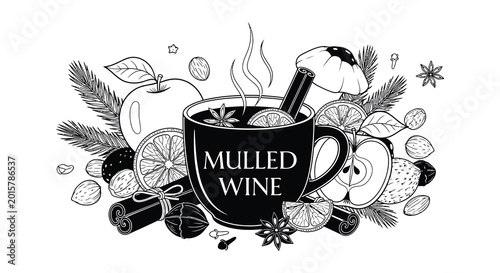 Quadro su tela Mulled wine illustration with spices and fruit black and white