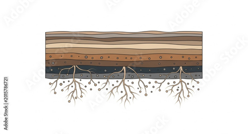 Photos Cross section of soil layers with plant roots growing.