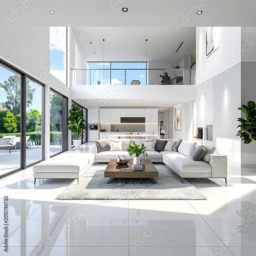 A modern, bright, open-plan living space with high ceilings