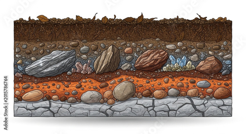 Fotografie Cross section of soil layers showing different textures and materials