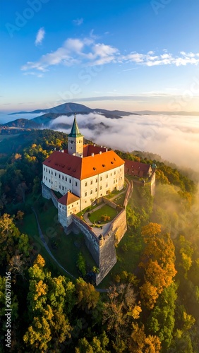 Aerial view of a majestic castle on a hill