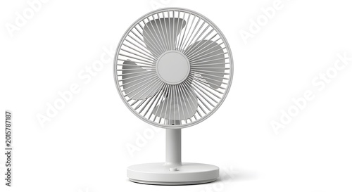 Modern white electric desk fan for cooling air in a home office or bedroom during hot summer