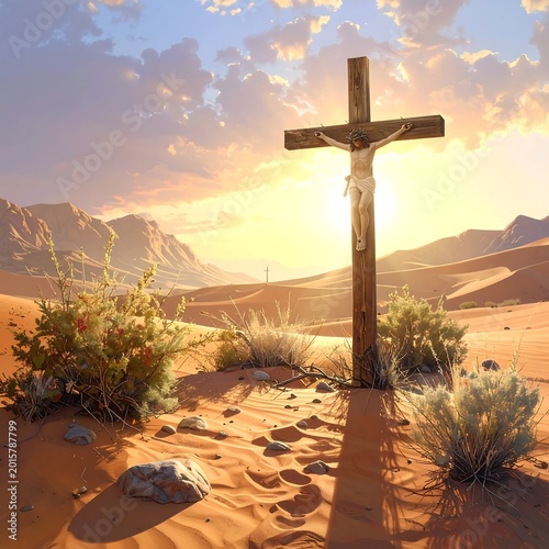 Desert landscape with a cross at sunset