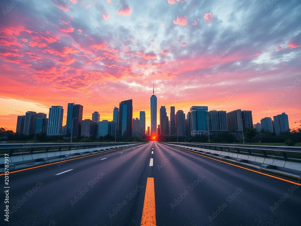 Obraz premium Asphalt road stretches towards distant skyscrapers at sunset, cityscape, daytime