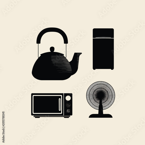 Black silhouettes of household appliances.