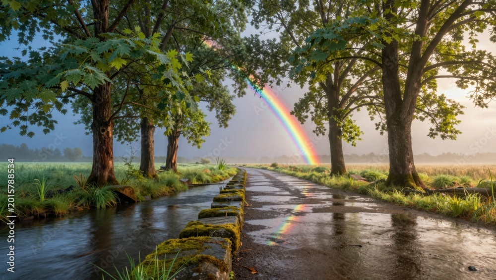 Fototapeta premium Road leading toward rainbow across wet rural landscape