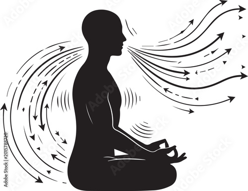 Photos Silhouette man meditating in lotus pose with breathing exhales and body energy flow outwards