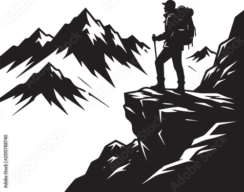 Fotografía Silhouette of hiker with backpack and poles on cliff edge overlooking majestic mountains