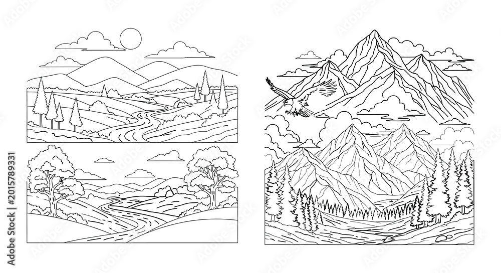 Naklejka premium Mountain landscape vector illustrations with river and eagle white background