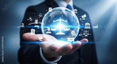 Businessman holding digital globe with legal icons and scales of justice
