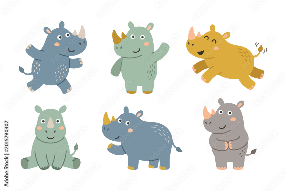 Fototapeta premium Playful Baby Rhino Character Set for Kids Nursery and Stationery Design