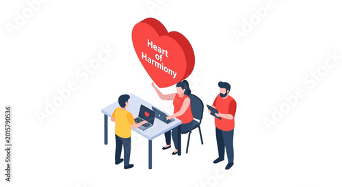 Teamwork and Harmony - People Working Together Under a Heart Symbol.