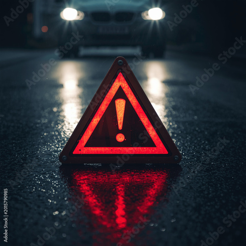Red warning sign in a triangular shape with a glowing exclamation mark. A striking red warning sign shaped like a triangle, featuring a prominent glowing exclamation mark at its center. 