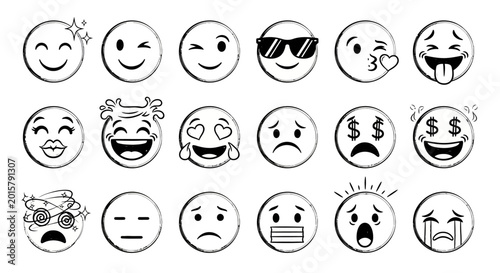 Minimalist black and white emoji icon set, 18 hand drawn style emoticon faces, expressive line art smiley characters for social media and messaging