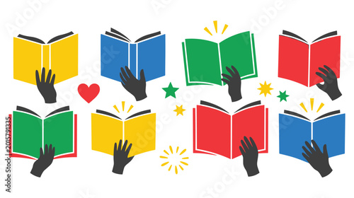 Tableau sur toile Various colorful books held by black silhouettes of human hands in flat