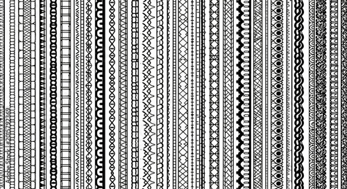 Geometric seamless pattern brushes set, black and white decorative border collection, ornamental line dividers for graphic design, vector stroke kit
