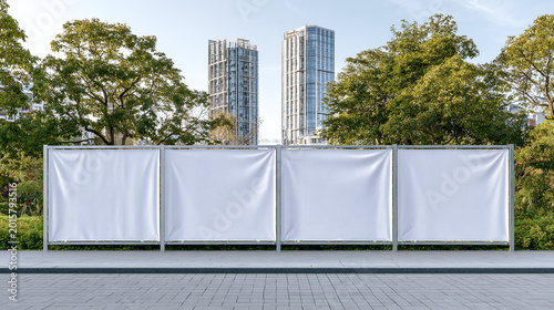 Long white vinyl banner on fence in urban park. Blank hoarding mockup, billboard, signage in city with green trees. Commercial advertisement, public information canvas. Mock up space.