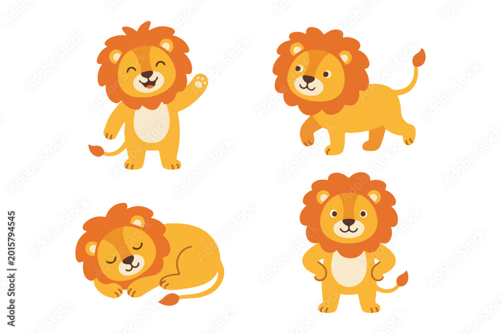 Fototapeta premium Cute Lion Character Set in Various Poses for Kids Nursery and Mascot