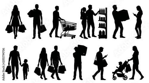 Fotografía Diverse silhouettes of people engaging in various shopping activities from brows