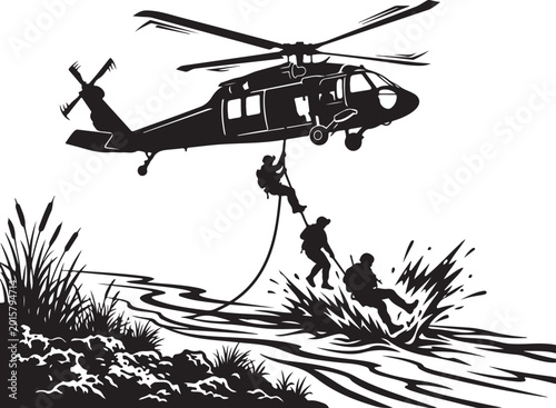 Rescue helicopter, military operation, black silhouette, vector illustration, emergency response, search and rescue