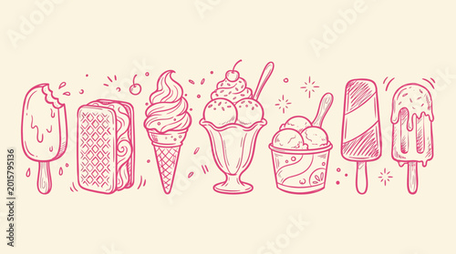 Bild auf Leinwand A delightful collection of hand-drawn ice cream treats in various forms
