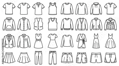 Bild auf Leinwand Comprehensive collection of line art clothing icons for fashion design and appar