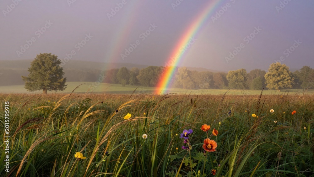Fototapeta premium Double rainbow arching over wildflower meadow at sunrise in countryside