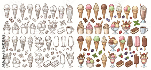Cuadro en lienzo Collection of various ice cream desserts in cones and cups, rendered in both ske