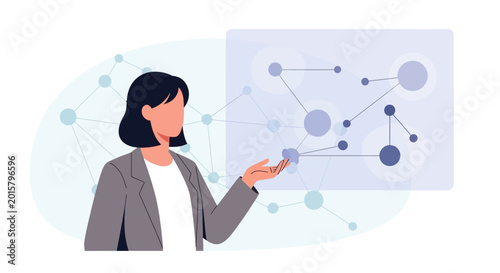 Woman presenting network graph in abstract tech background
