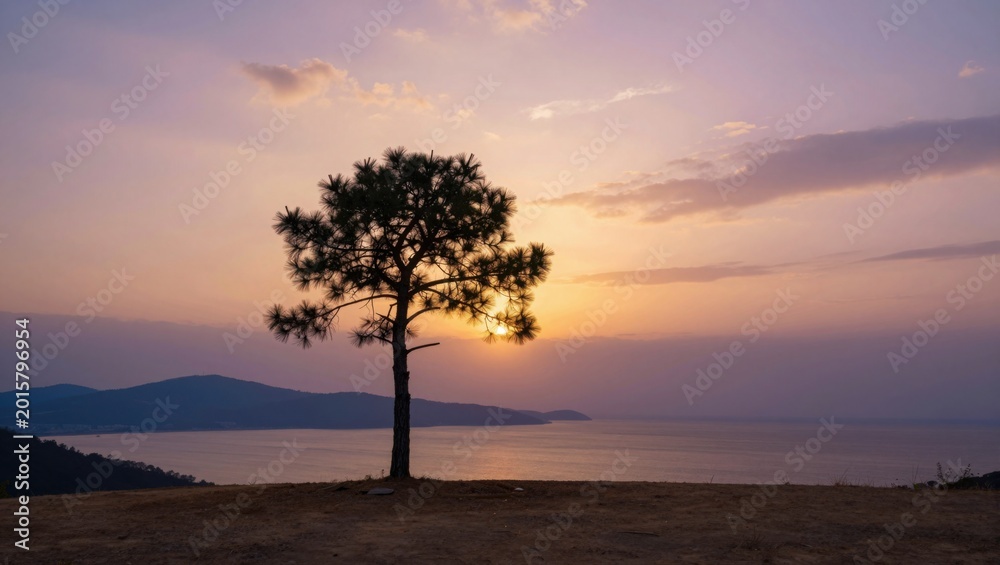 Fototapeta premium Solitary tree silhouetted at sunset on coastal cliff