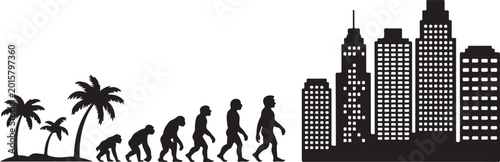 Fotografie Human evolution from primitive to modern with city skyline