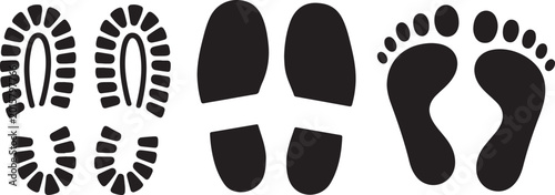 Black footprints and shoe prints vector icons