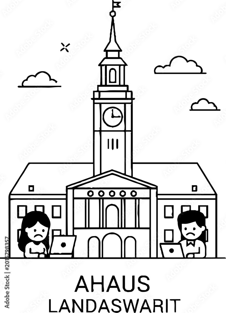 Fototapeta premium Historic Building with Clock Tower and Sad People Using Laptops
