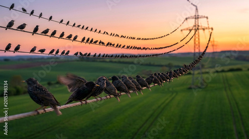 Flock of starlings perched on power lines against a sunset sky over a green field